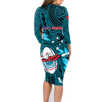 Samoa Rugby Family Matching Long Sleeve Bodycon Dress and Hawaiian Shirt Manu Samoa Ula Fala Dabbing Ball Polynesian Turquoise Version - Wonder Print Shop