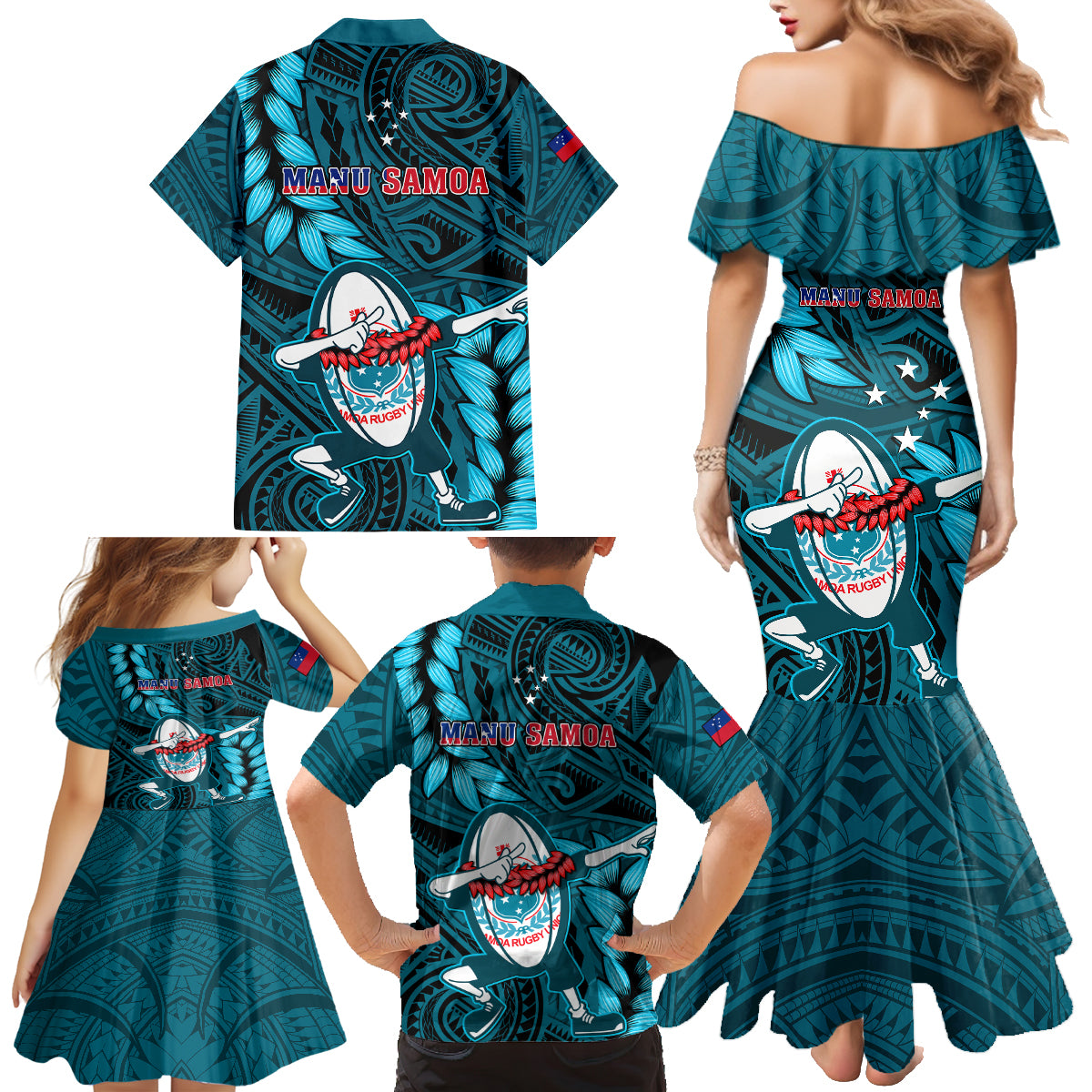 Samoa Rugby Family Matching Mermaid Dress and Hawaiian Shirt Manu Samoa Ula Fala Dabbing Ball Polynesian Turquoise Version - Wonder Print Shop