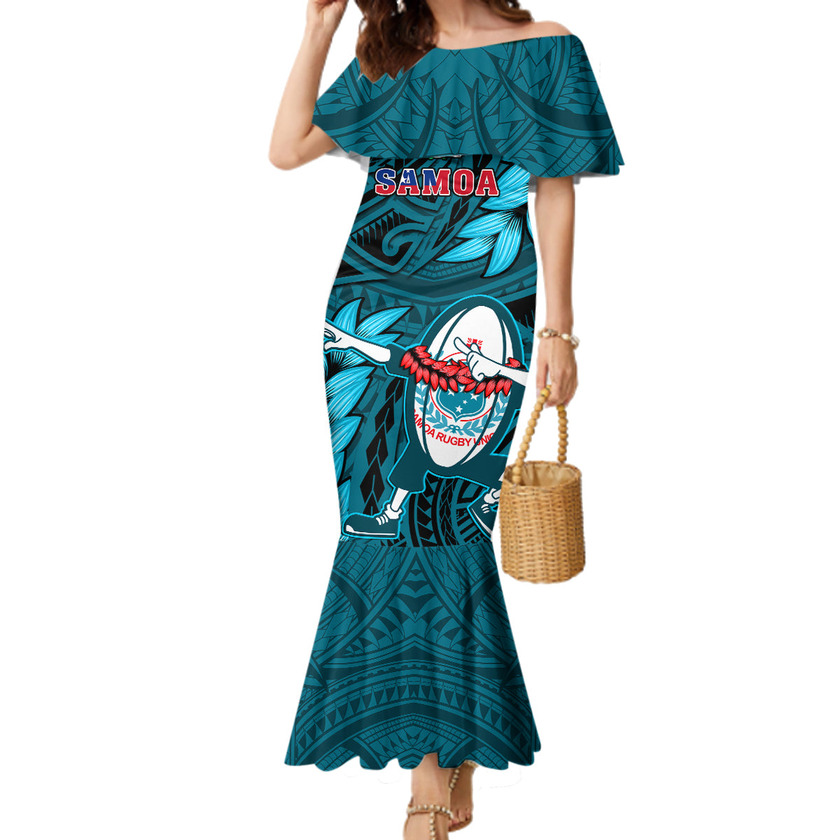 Samoa Rugby Family Matching Mermaid Dress and Hawaiian Shirt Manu Samoa Ula Fala Dabbing Ball Polynesian Turquoise Version - Wonder Print Shop