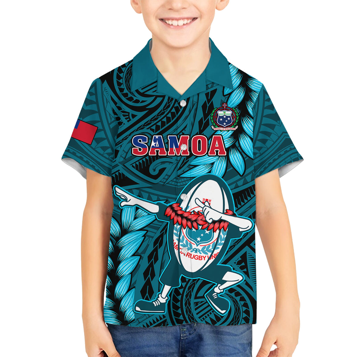 Samoa Rugby Family Matching Mermaid Dress and Hawaiian Shirt Manu Samoa Ula Fala Dabbing Ball Polynesian Turquoise Version - Wonder Print Shop
