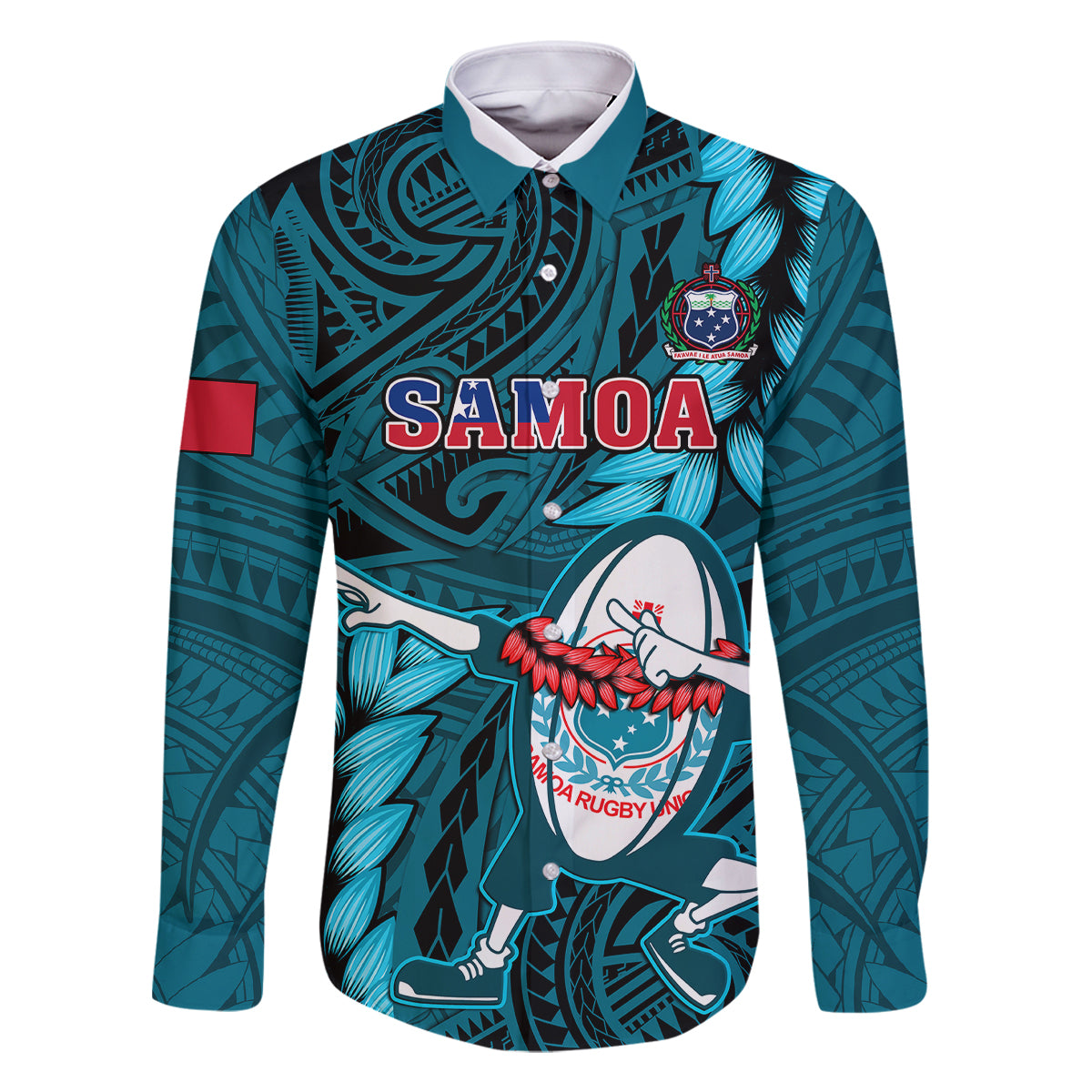 Samoa Rugby Family Matching Off Shoulder Short Dress and Hawaiian Shirt Manu Samoa Ula Fala Dabbing Ball Polynesian Turquoise Version - Wonder Print Shop