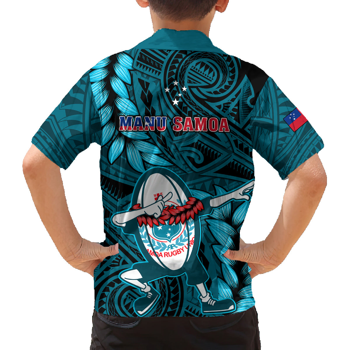 Samoa Rugby Family Matching Short Sleeve Bodycon Dress and Hawaiian Shirt Manu Samoa Ula Fala Dabbing Ball Polynesian Turquoise Version - Wonder Print Shop