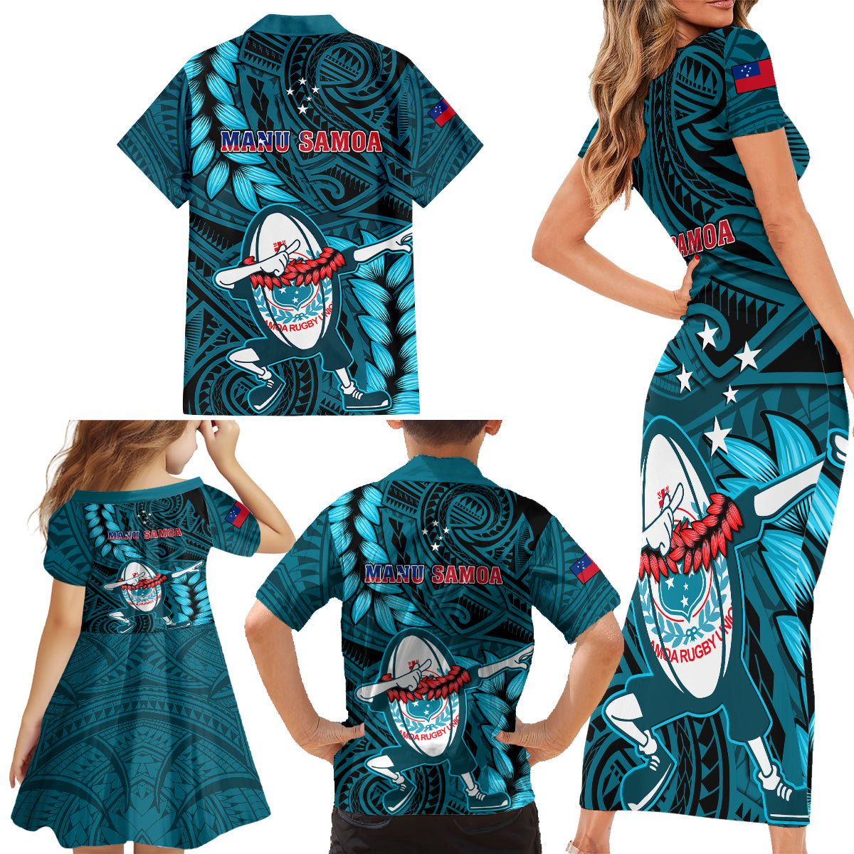 Samoa Rugby Family Matching Short Sleeve Bodycon Dress and Hawaiian Shirt Manu Samoa Ula Fala Dabbing Ball Polynesian Turquoise Version - Wonder Print Shop