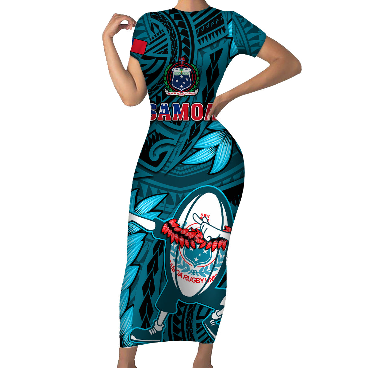 Samoa Rugby Family Matching Short Sleeve Bodycon Dress and Hawaiian Shirt Manu Samoa Ula Fala Dabbing Ball Polynesian Turquoise Version - Wonder Print Shop