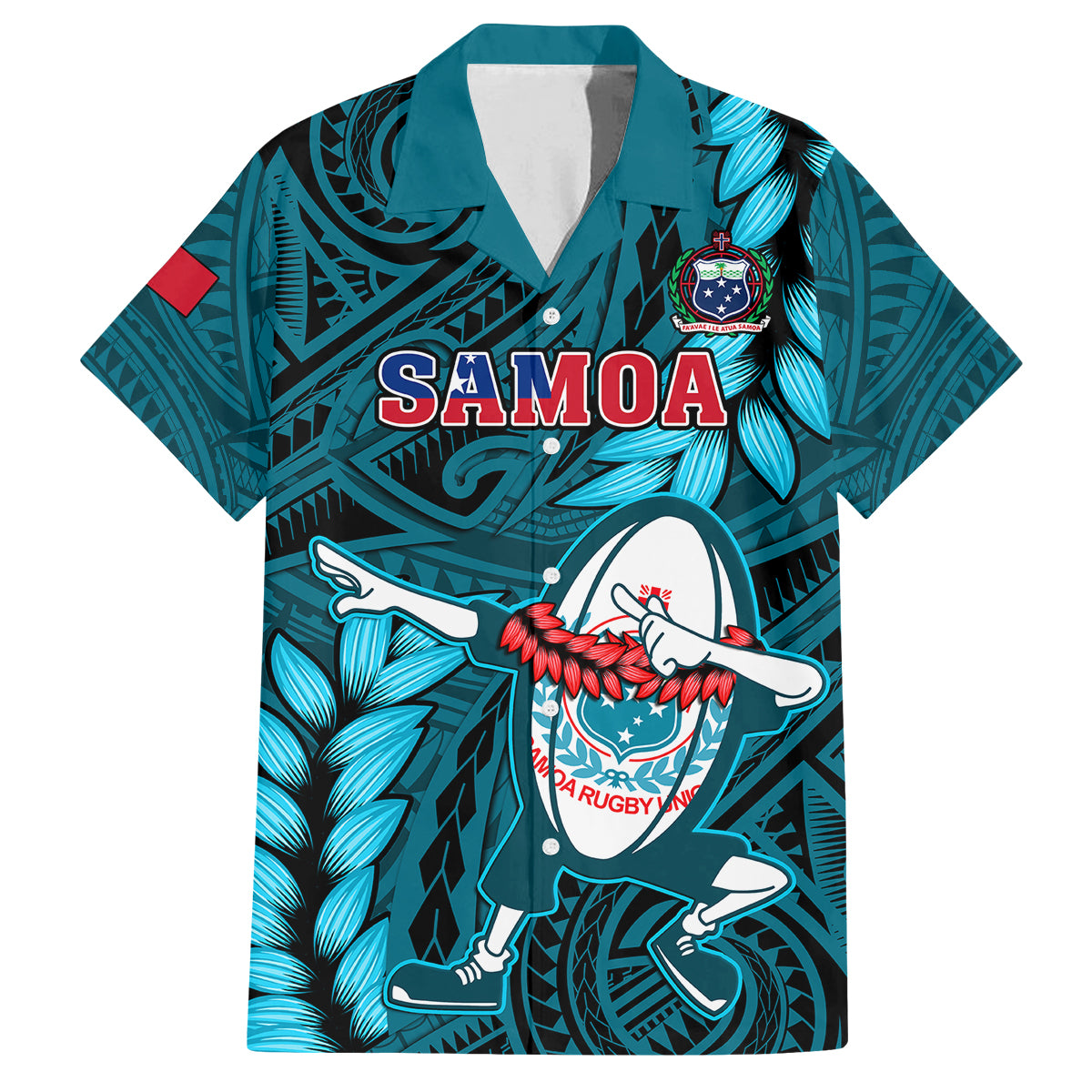 Samoa Rugby Kid Hawaiian Shirt Manu Samoa Ula Fala Dabbing Ball Polynesian Turquoise Version - Wonder Print Shop
