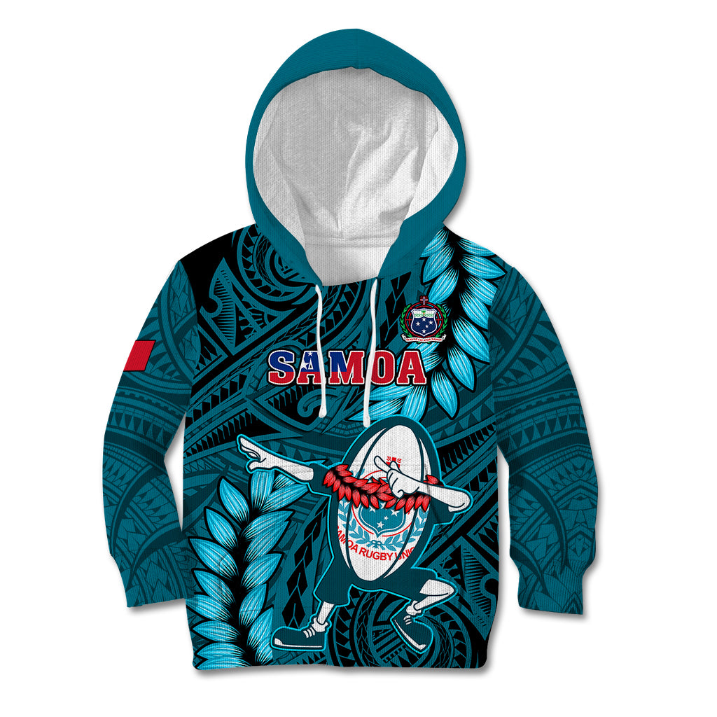 Samoa Rugby Kid Hoodie Manu Samoa Ula Fala Dabbing Ball Polynesian Turquoise Version - Wonder Print Shop
