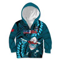 Samoa Rugby Kid Hoodie Manu Samoa Ula Fala Dabbing Ball Polynesian Turquoise Version - Wonder Print Shop