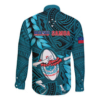 Samoa Rugby Long Sleeve Button Shirt Manu Samoa Ula Fala Dabbing Ball Polynesian Turquoise Version - Wonder Print Shop