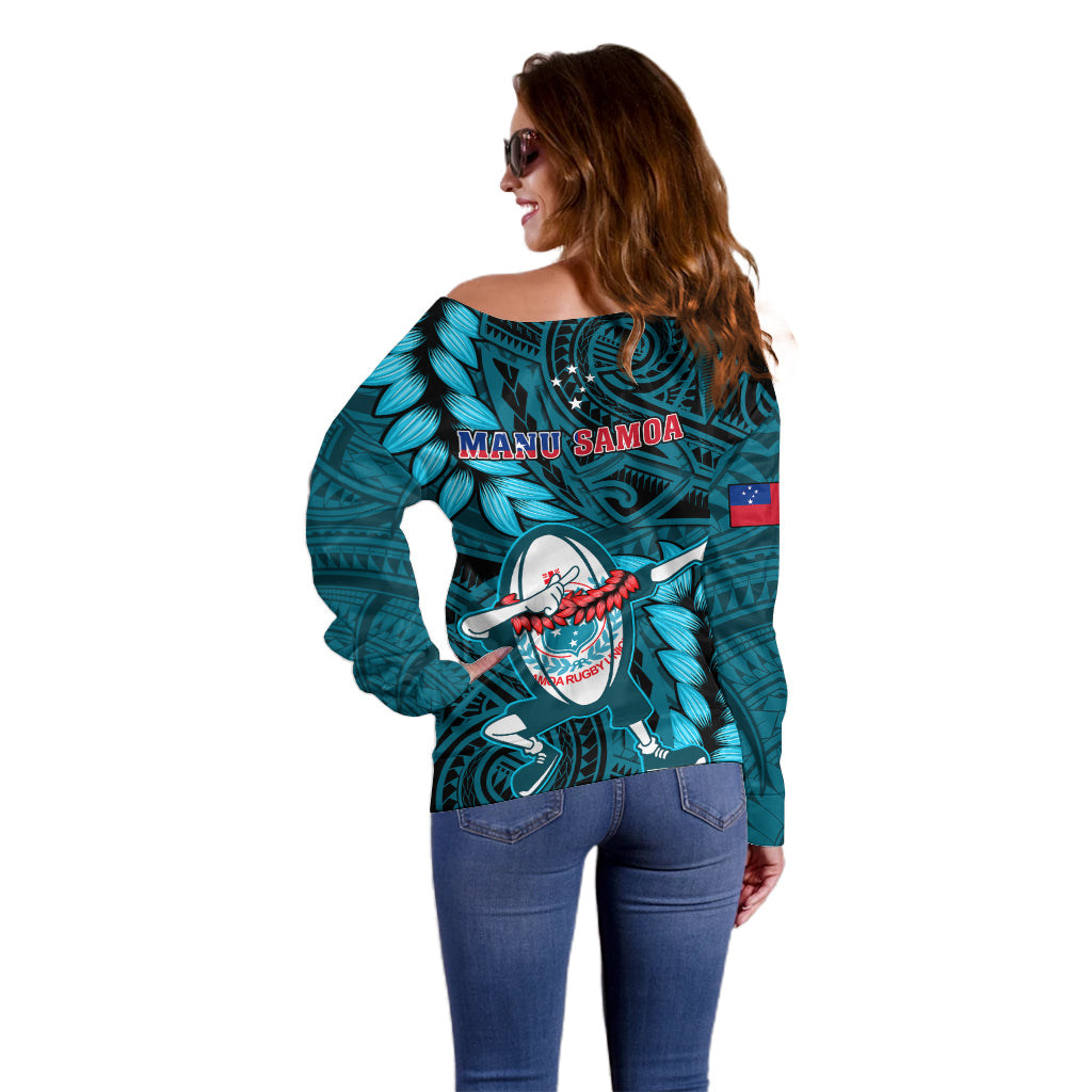 Samoa Rugby Off Shoulder Sweater Manu Samoa Ula Fala Dabbing Ball Polynesian Turquoise Version - Wonder Print Shop