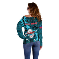 Samoa Rugby Off Shoulder Sweater Manu Samoa Ula Fala Dabbing Ball Polynesian Turquoise Version - Wonder Print Shop