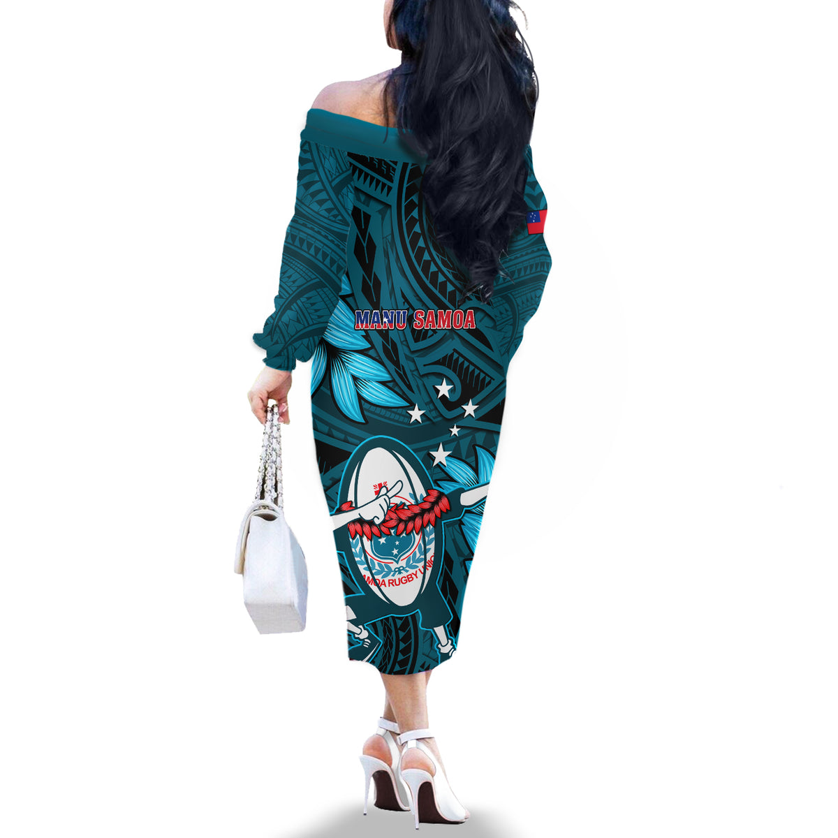 Samoa Rugby Off The Shoulder Long Sleeve Dress Manu Samoa Ula Fala Dabbing Ball Polynesian Turquoise Version - Wonder Print Shop