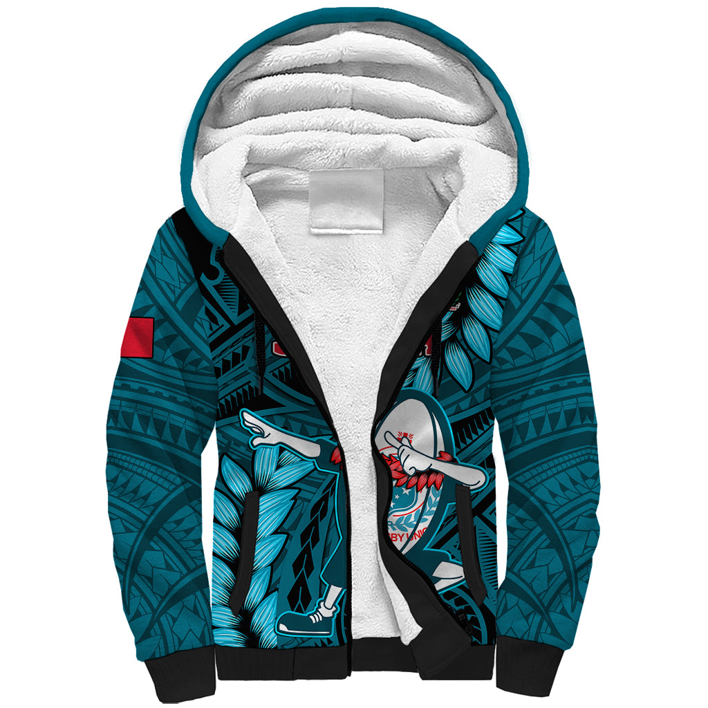 Samoa Rugby Sherpa Hoodie Manu Samoa Ula Fala Dabbing Ball Polynesian Turquoise Version - Wonder Print Shop