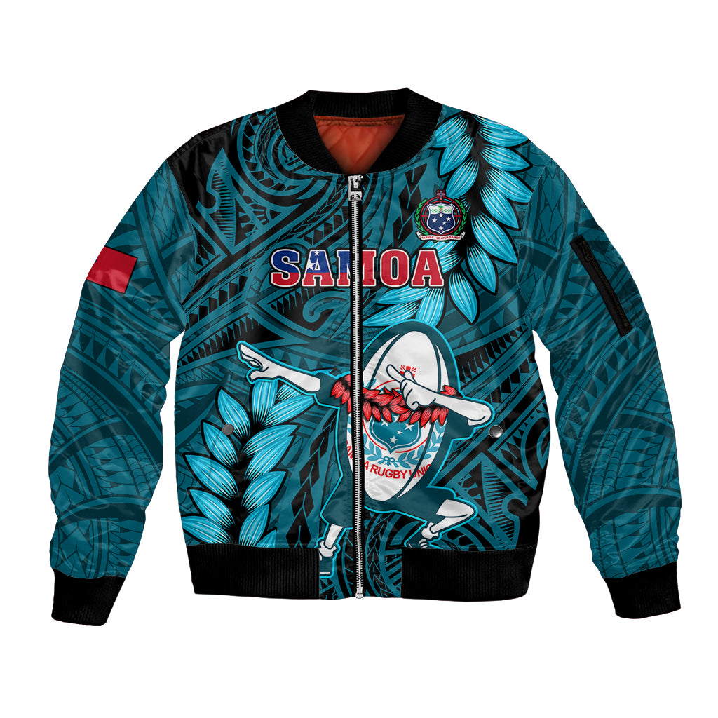 Samoa Rugby Sleeve Zip Bomber Jacket Manu Samoa Ula Fala Dabbing Ball Polynesian Turquoise Version - Wonder Print Shop