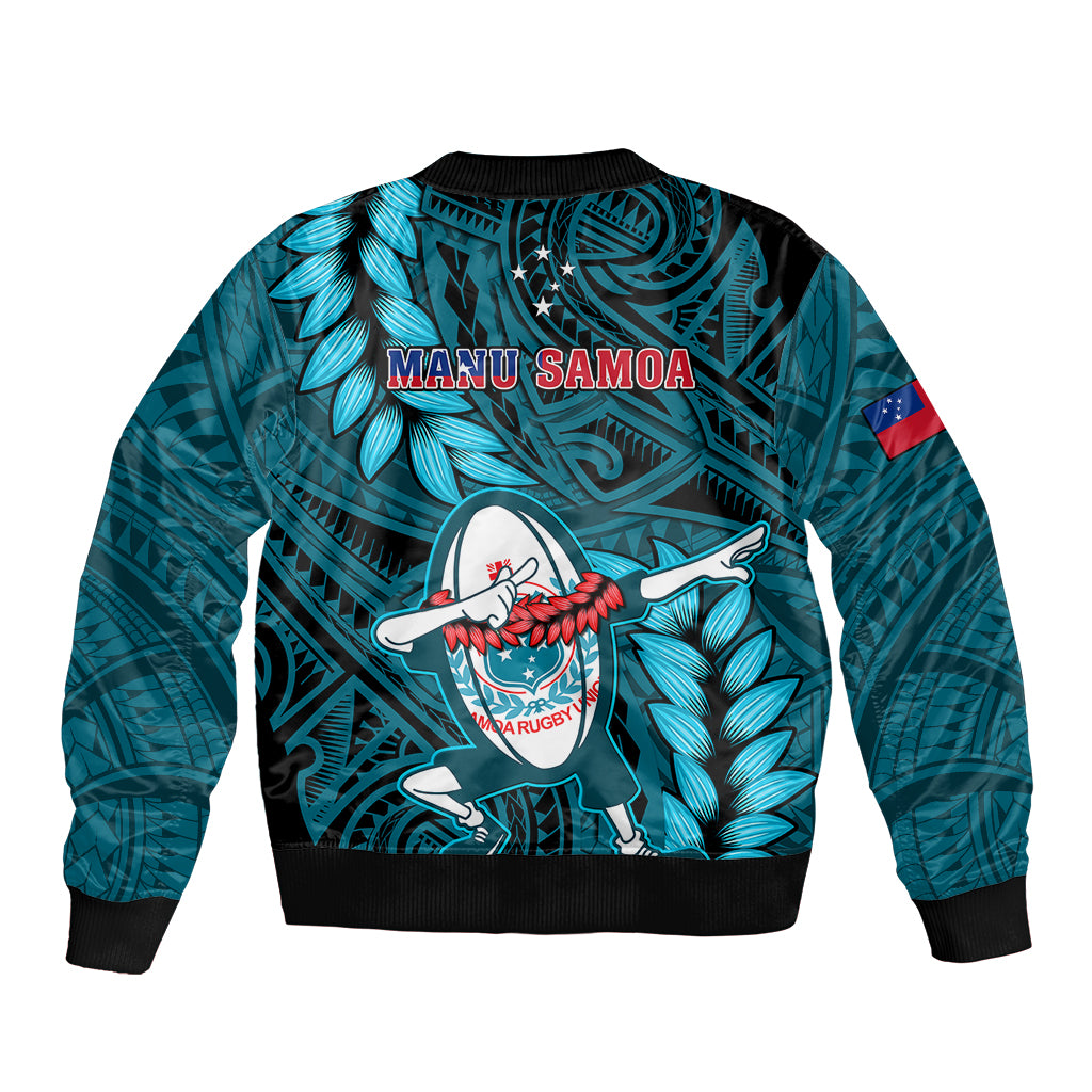 Samoa Rugby Sleeve Zip Bomber Jacket Manu Samoa Ula Fala Dabbing Ball Polynesian Turquoise Version - Wonder Print Shop