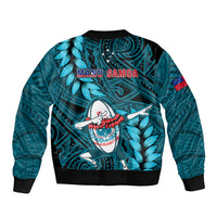 Samoa Rugby Sleeve Zip Bomber Jacket Manu Samoa Ula Fala Dabbing Ball Polynesian Turquoise Version - Wonder Print Shop