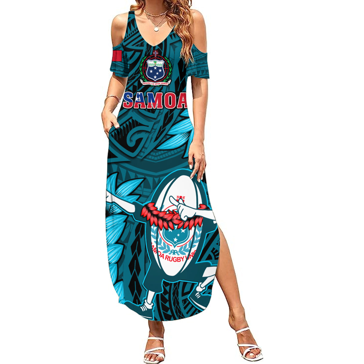 Samoa Rugby Summer Maxi Dress Manu Samoa Ula Fala Dabbing Ball Polynesian Turquoise Version - Wonder Print Shop