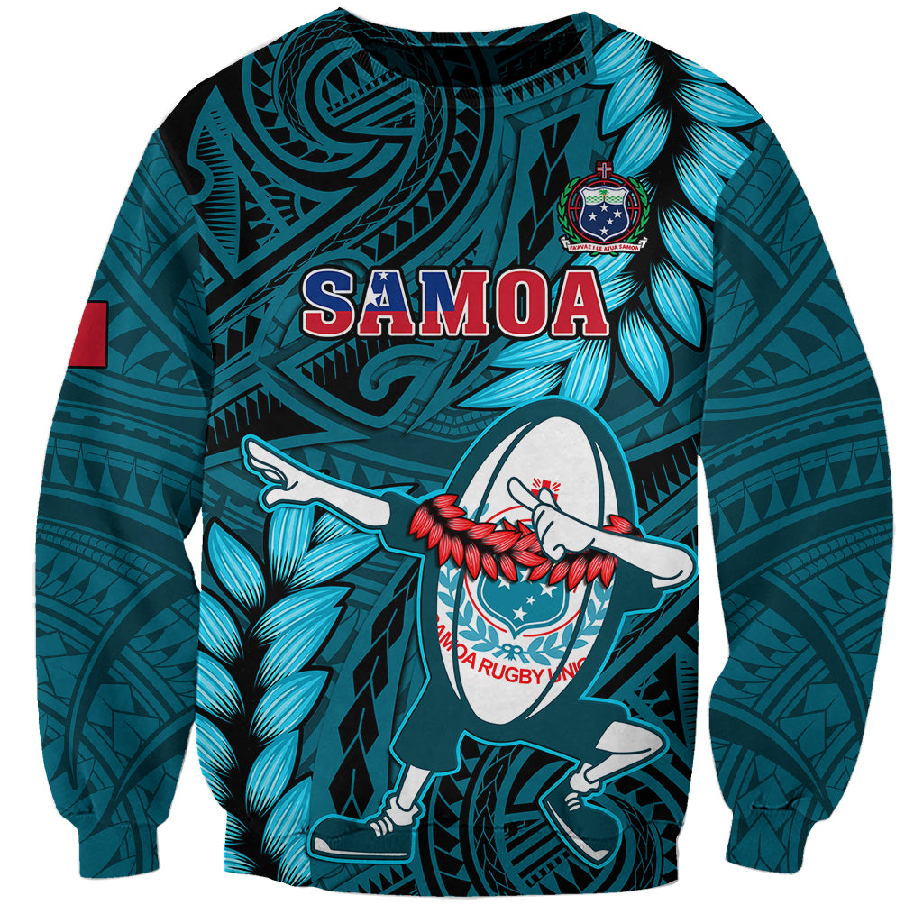 Samoa Rugby Sweatshirt Manu Samoa Ula Fala Dabbing Ball Polynesian Turquoise Version - Wonder Print Shop
