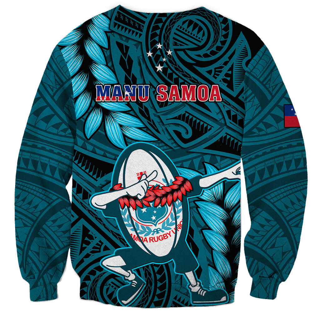 Samoa Rugby Sweatshirt Manu Samoa Ula Fala Dabbing Ball Polynesian Turquoise Version - Wonder Print Shop