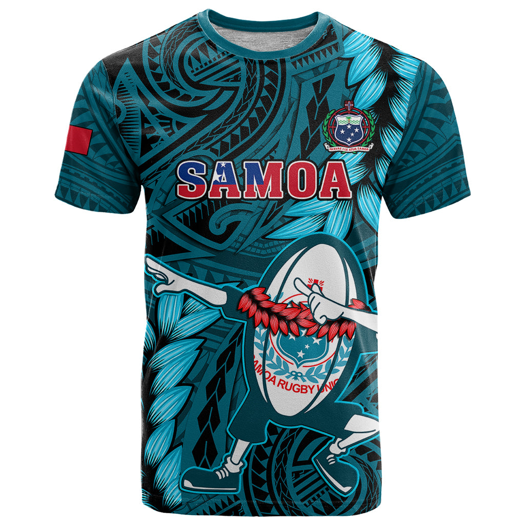 Samoa Rugby T Shirt Manu Samoa Ula Fala Dabbing Ball Polynesian Turquoise Version - Wonder Print Shop