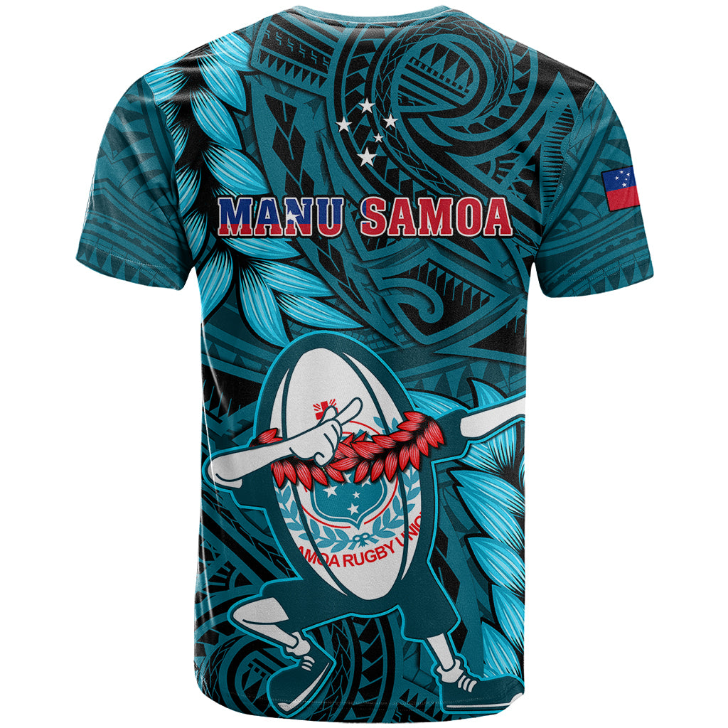 Samoa Rugby T Shirt Manu Samoa Ula Fala Dabbing Ball Polynesian Turquoise Version - Wonder Print Shop
