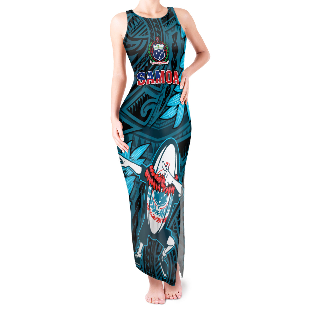 Samoa Rugby Tank Maxi Dress Manu Samoa Ula Fala Dabbing Ball Polynesian Turquoise Version - Wonder Print Shop