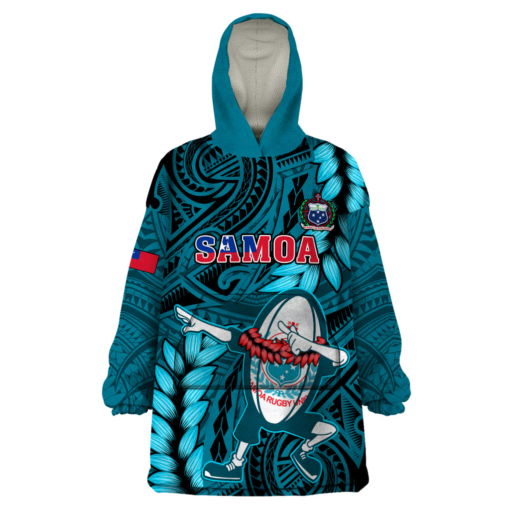 Samoa Rugby Wearable Blanket Hoodie Manu Samoa Ula Fala Dabbing Ball Polynesian Turquoise Version - Wonder Print Shop