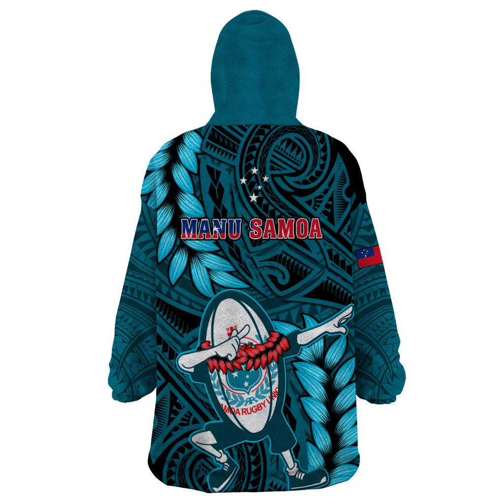 Samoa Rugby Wearable Blanket Hoodie Manu Samoa Ula Fala Dabbing Ball Polynesian Turquoise Version - Wonder Print Shop
