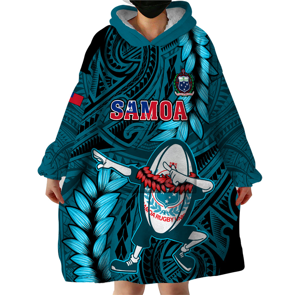 Samoa Rugby Wearable Blanket Hoodie Manu Samoa Ula Fala Dabbing Ball Polynesian Turquoise Version - Wonder Print Shop