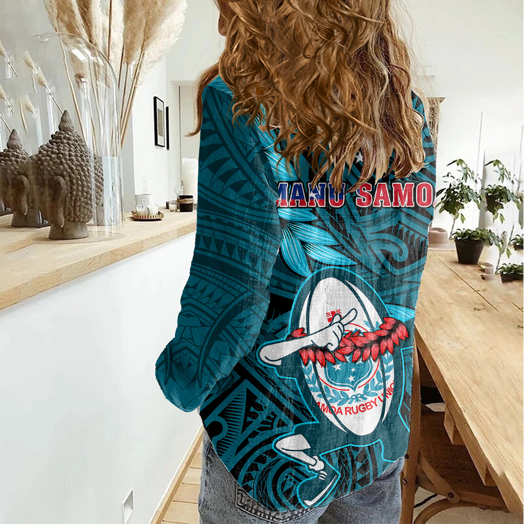 Samoa Rugby Women Casual Shirt Manu Samoa Ula Fala Dabbing Ball Polynesian Turquoise Version - Wonder Print Shop