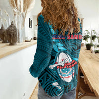 Samoa Rugby Women Casual Shirt Manu Samoa Ula Fala Dabbing Ball Polynesian Turquoise Version - Wonder Print Shop