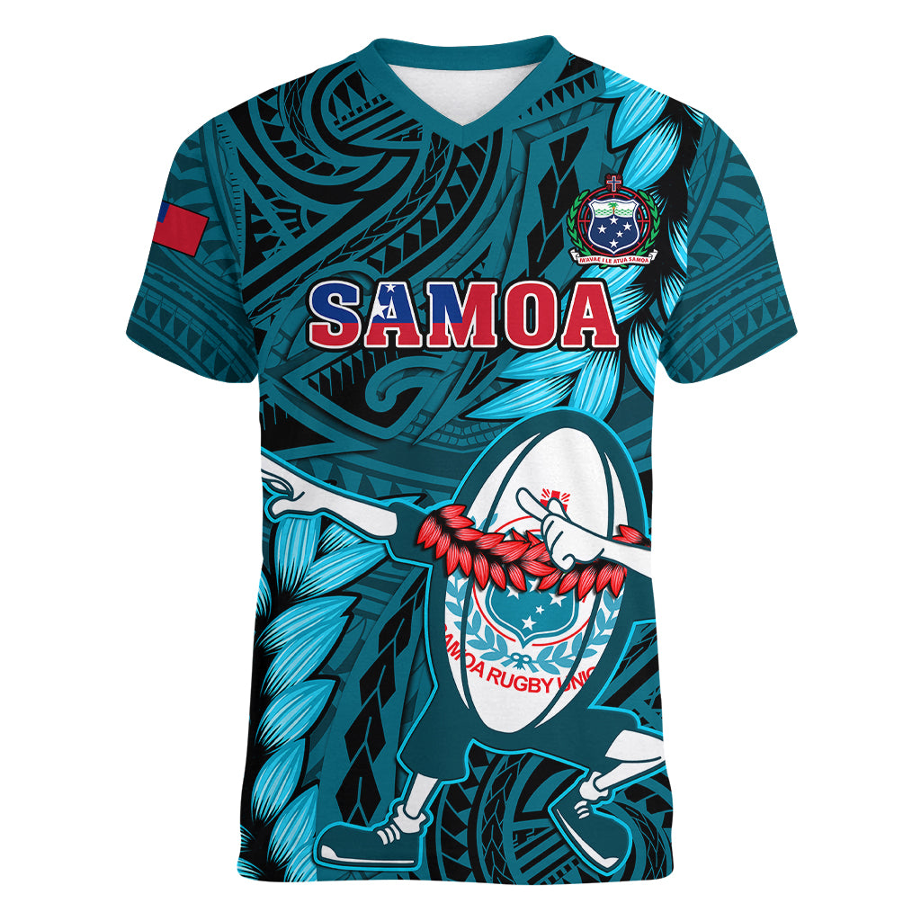 Samoa Rugby Women V Neck T Shirt Manu Samoa Ula Fala Dabbing Ball Polynesian Turquoise Version - Wonder Print Shop