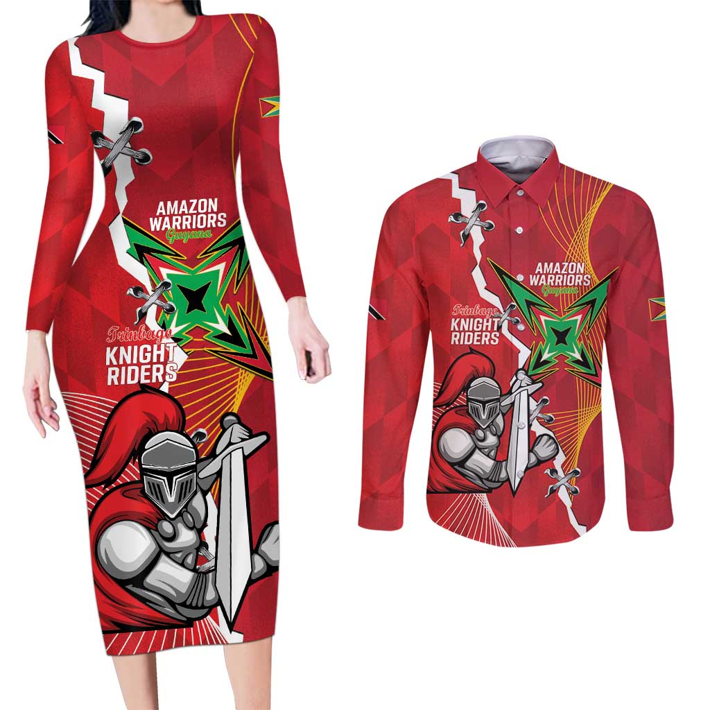 Guyana and Trinbago Cricket Custom Couples Matching Long Sleeve Bodycon Dress and Long Sleeve Button Shirt Amazon Warriors Knight Riders Together - Wonder Print Shop