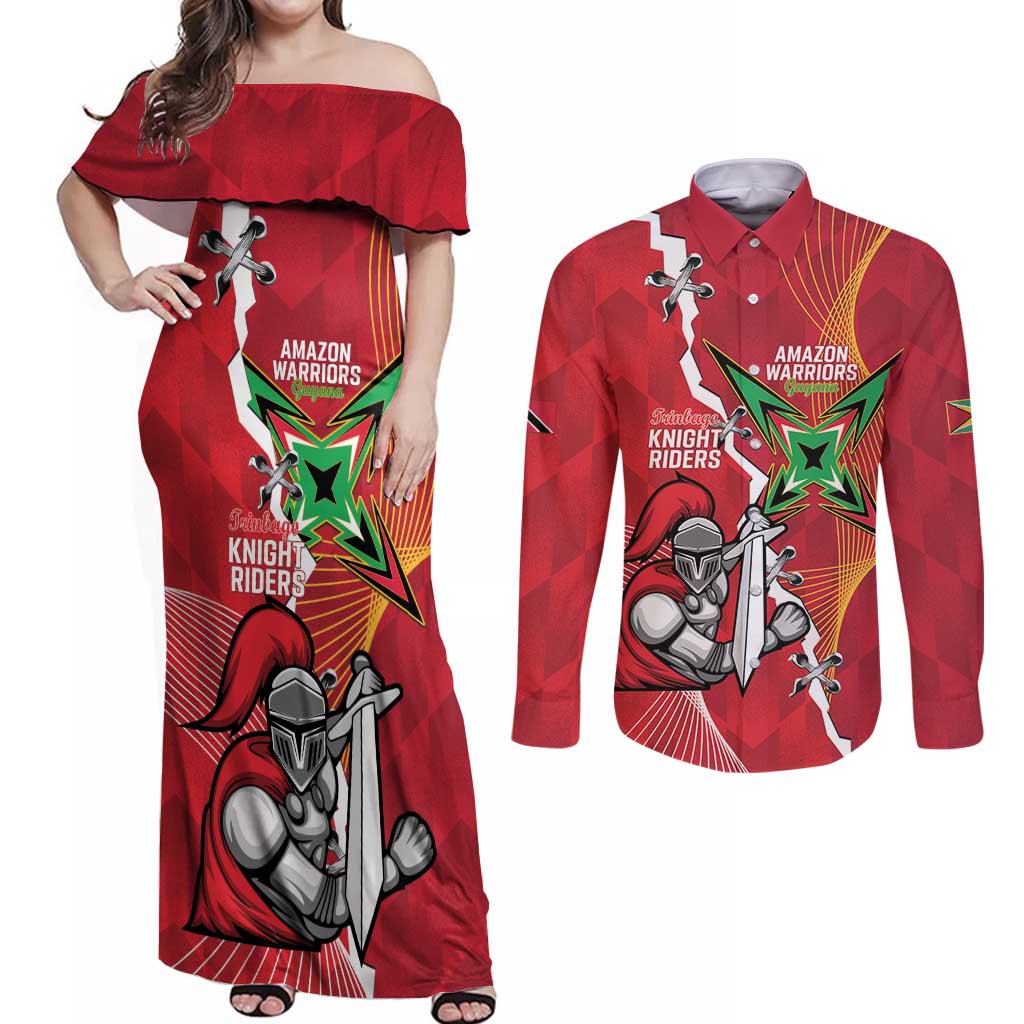 Guyana and Trinbago Cricket Custom Couples Matching Off Shoulder Maxi Dress and Long Sleeve Button Shirt Amazon Warriors Knight Riders Together - Wonder Print Shop