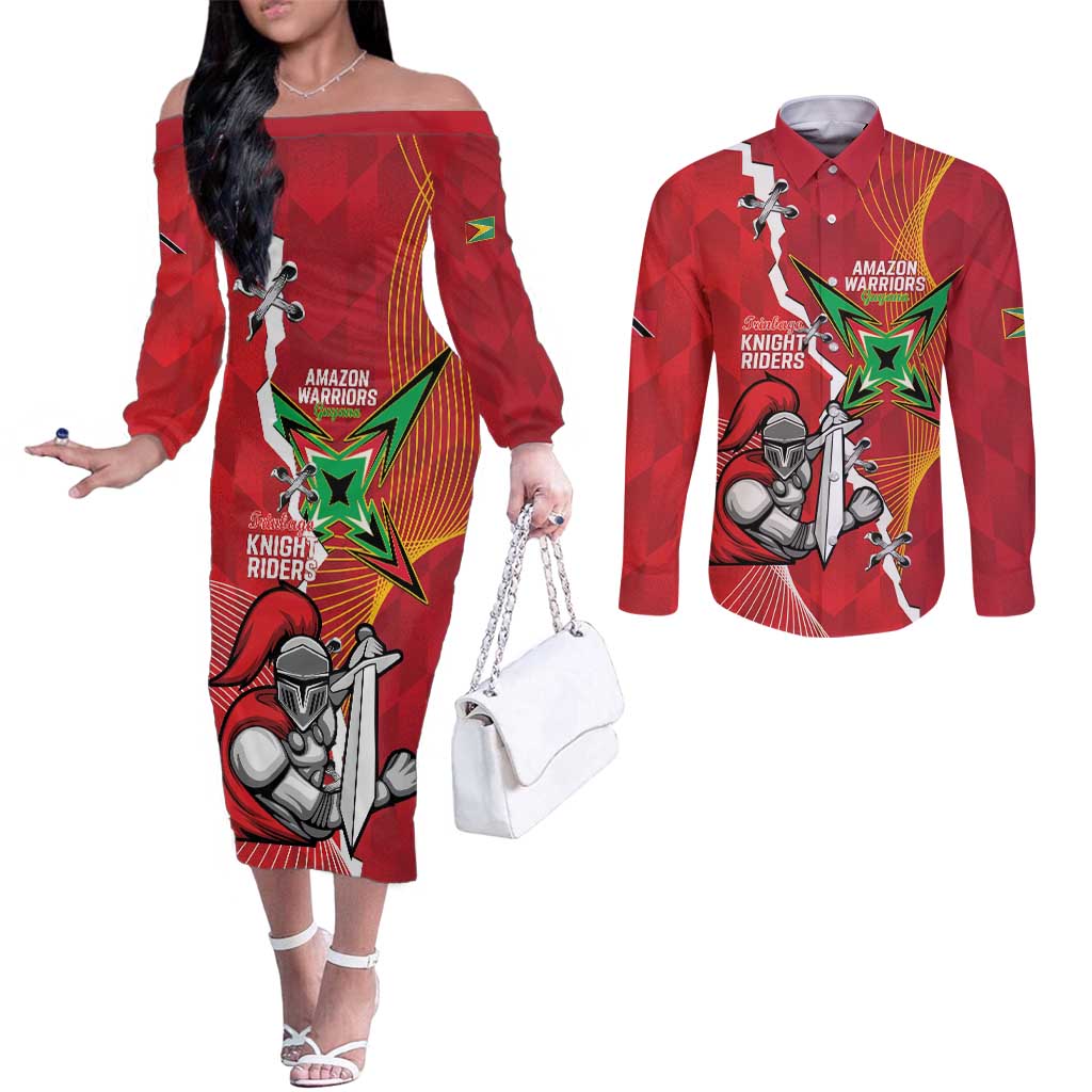 Guyana and Trinbago Cricket Custom Couples Matching Off The Shoulder Long Sleeve Dress and Long Sleeve Button Shirt Amazon Warriors Knight Riders Together - Wonder Print Shop