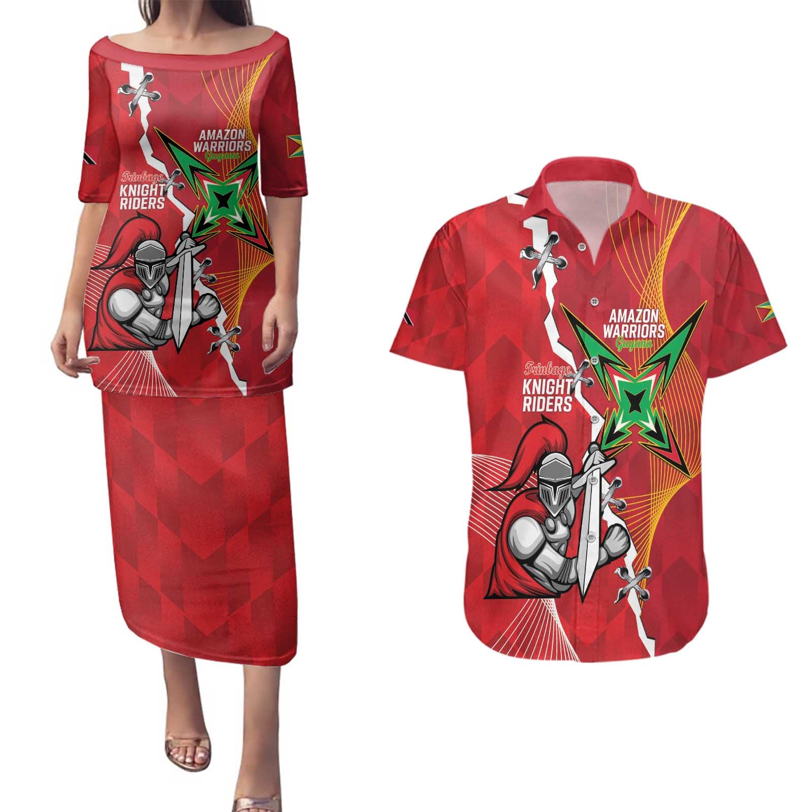 Guyana and Trinbago Cricket Custom Couples Matching Puletasi and Hawaiian Shirt Amazon Warriors Knight Riders Together - Wonder Print Shop