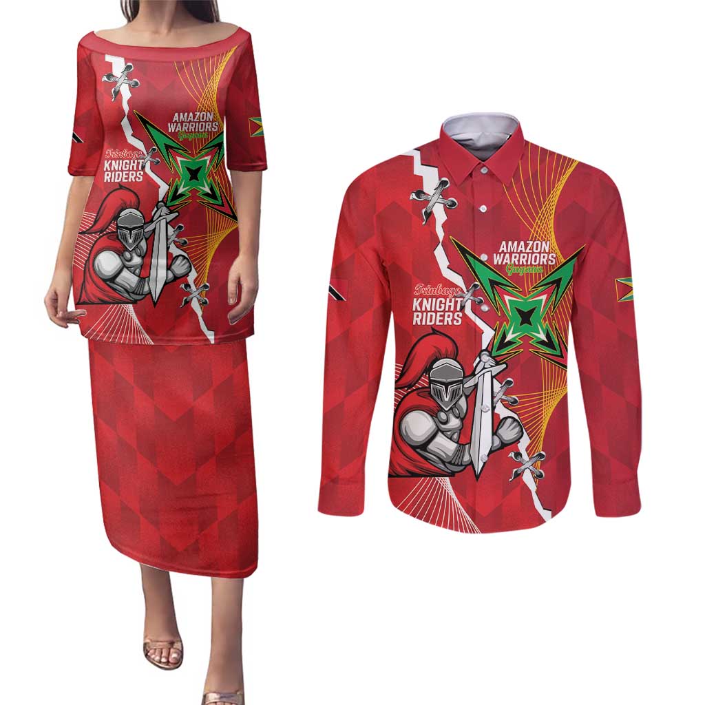 Guyana and Trinbago Cricket Custom Couples Matching Puletasi and Long Sleeve Button Shirt Amazon Warriors Knight Riders Together - Wonder Print Shop