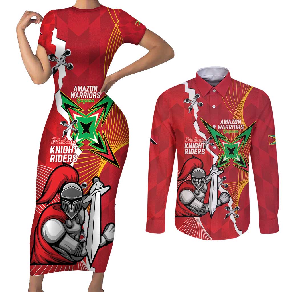 Guyana and Trinbago Cricket Custom Couples Matching Short Sleeve Bodycon Dress and Long Sleeve Button Shirt Amazon Warriors Knight Riders Together - Wonder Print Shop