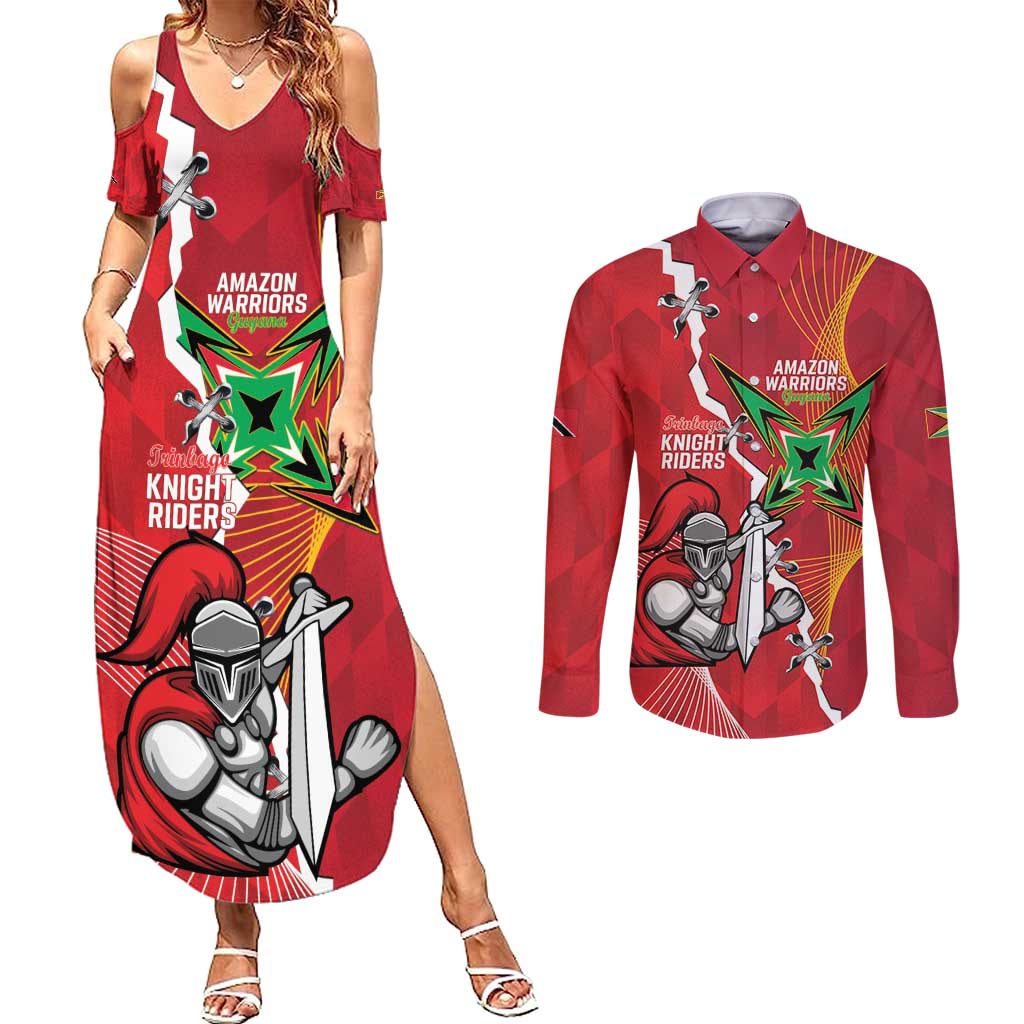 Guyana and Trinbago Cricket Custom Couples Matching Summer Maxi Dress and Long Sleeve Button Shirt Amazon Warriors Knight Riders Together - Wonder Print Shop