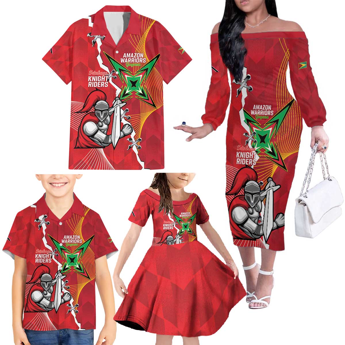Guyana and Trinbago Cricket Custom Family Matching Off The Shoulder Long Sleeve Dress and Hawaiian Shirt Amazon Warriors Knight Riders Together - Wonder Print Shop