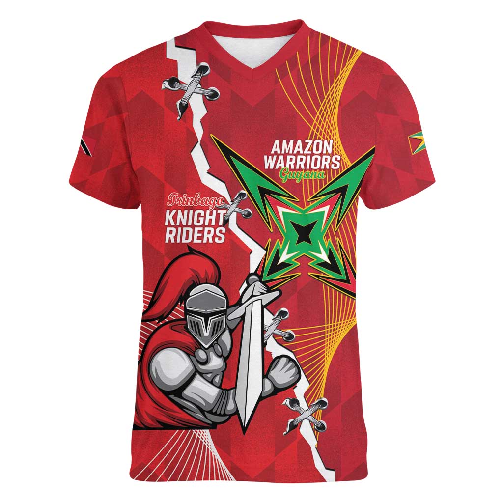 Guyana and Trinbago Cricket Custom Women V-Neck T-Shirt Amazon Warriors Knight Riders Together - Wonder Print Shop