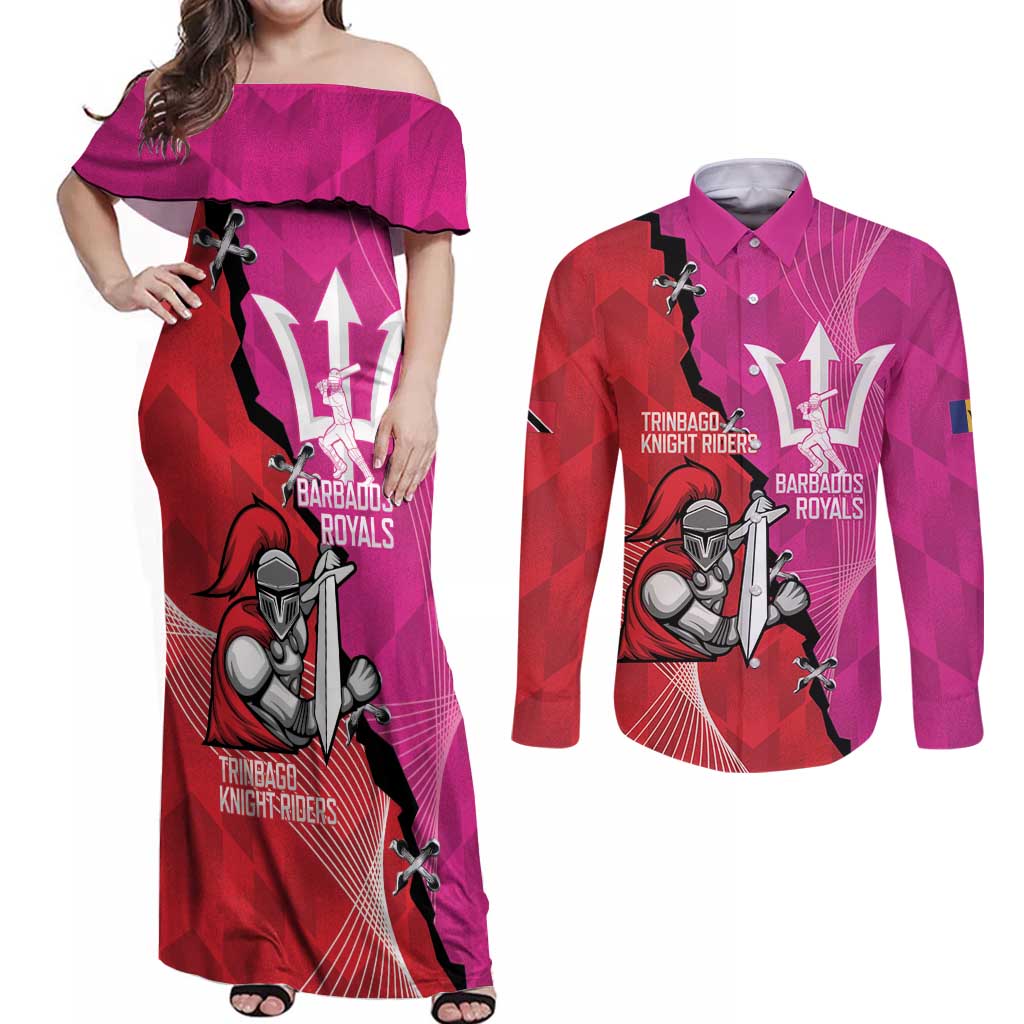 Barbados and Trinbago Cricket Personalized Couples Matching Off Shoulder Maxi Dress and Long Sleeve Button Shirt Royals Knight Riders Together - Wonder Print Shop