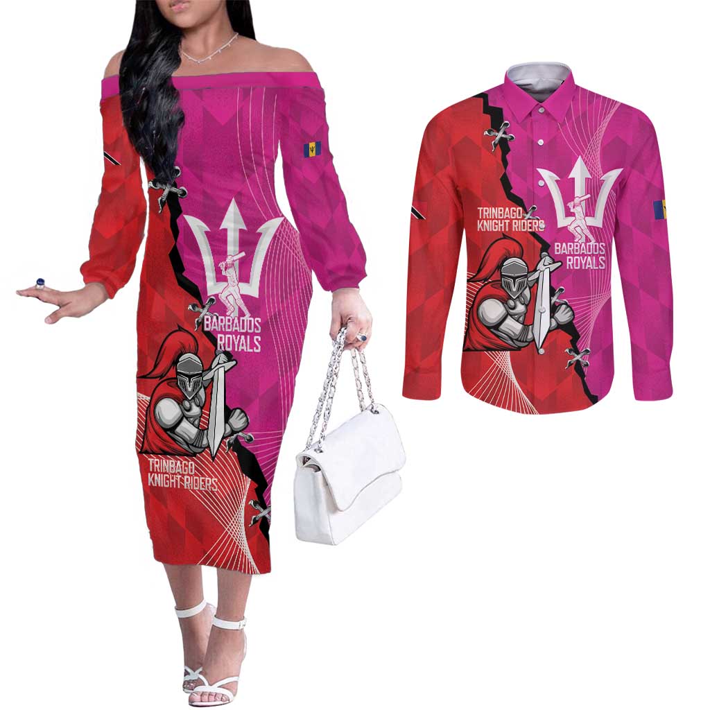 Barbados and Trinbago Cricket Personalized Couples Matching Off The Shoulder Long Sleeve Dress and Long Sleeve Button Shirt Royals Knight Riders Together - Wonder Print Shop
