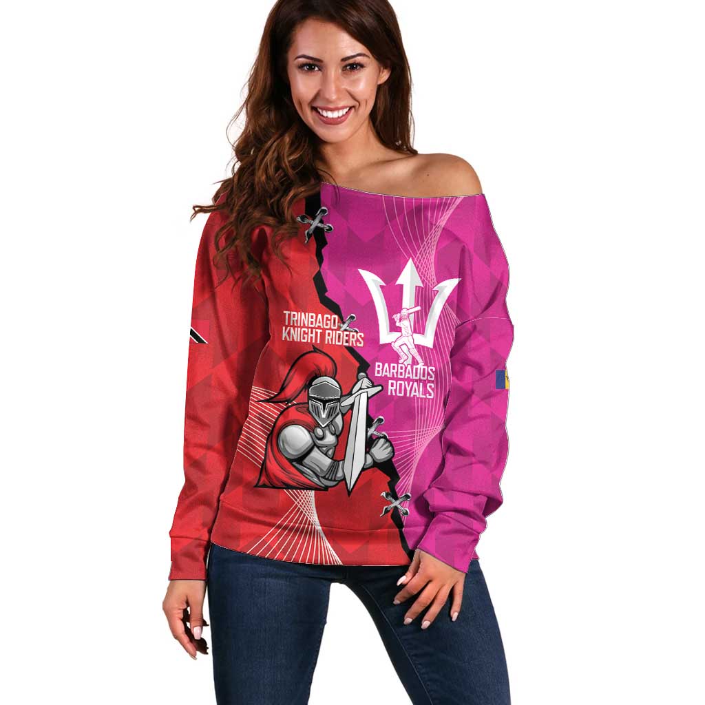 Barbados and Trinbago Cricket Personalized Off Shoulder Sweater Royals Knight Riders Together - Wonder Print Shop