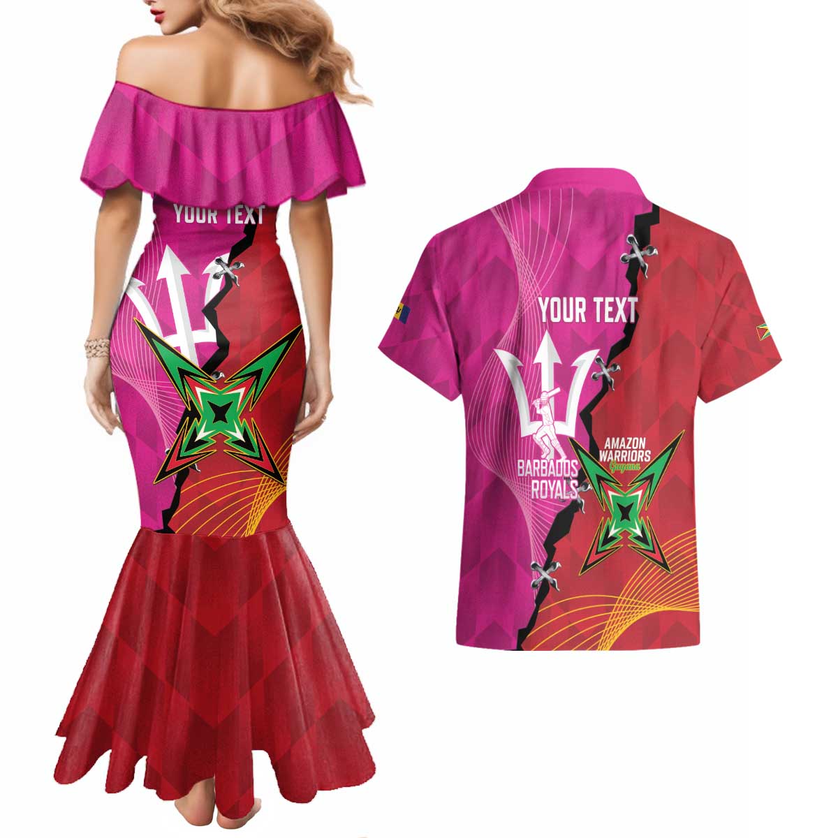Barbados and Guyana Cricket Personalized Couples Matching Mermaid Dress and Hawaiian Shirt Royals Amazon Warriors Together - Wonder Print Shop