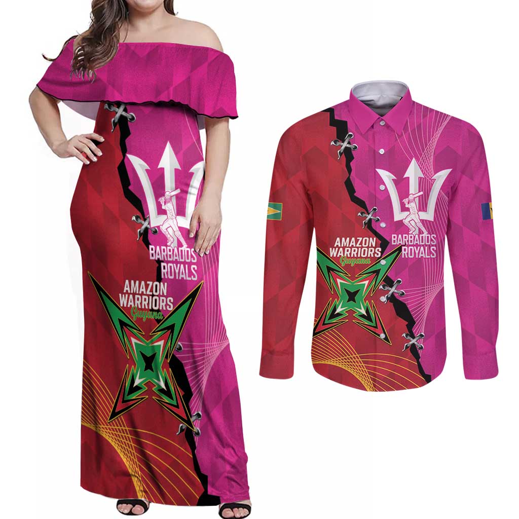 Barbados and Guyana Cricket Personalized Couples Matching Off Shoulder Maxi Dress and Long Sleeve Button Shirt Royals Amazon Warriors Together - Wonder Print Shop