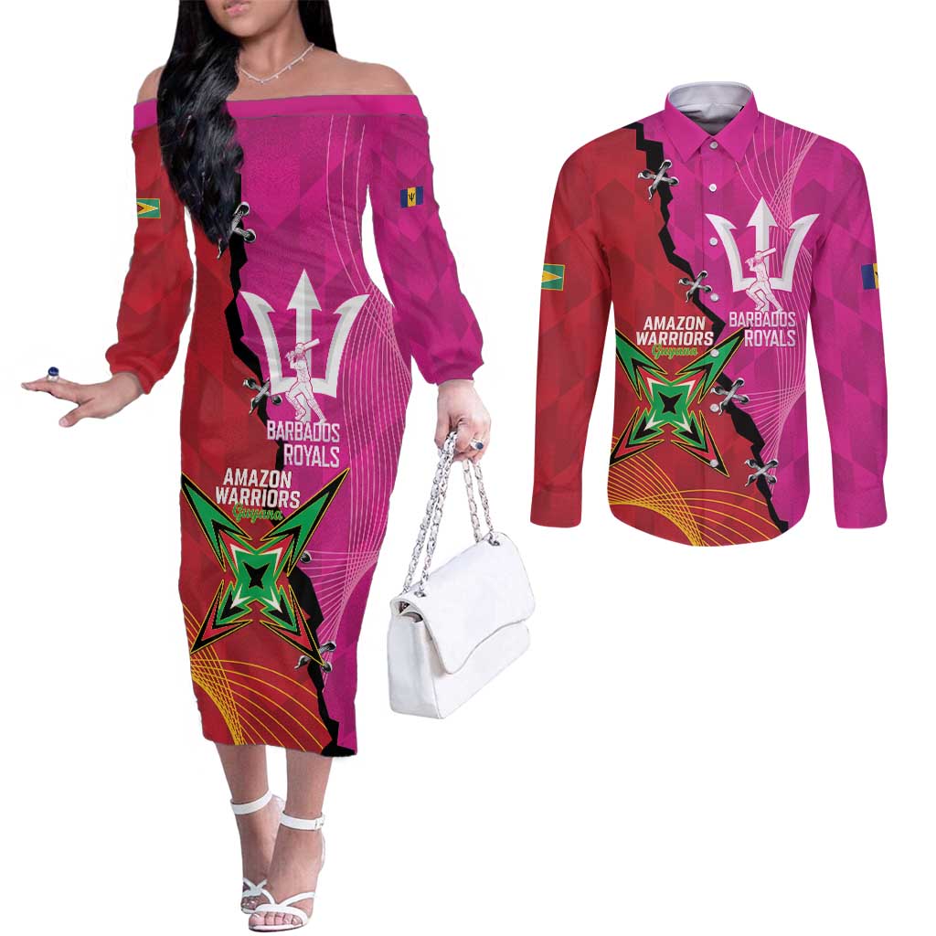 Barbados and Guyana Cricket Personalized Couples Matching Off The Shoulder Long Sleeve Dress and Long Sleeve Button Shirt Royals Amazon Warriors Together - Wonder Print Shop