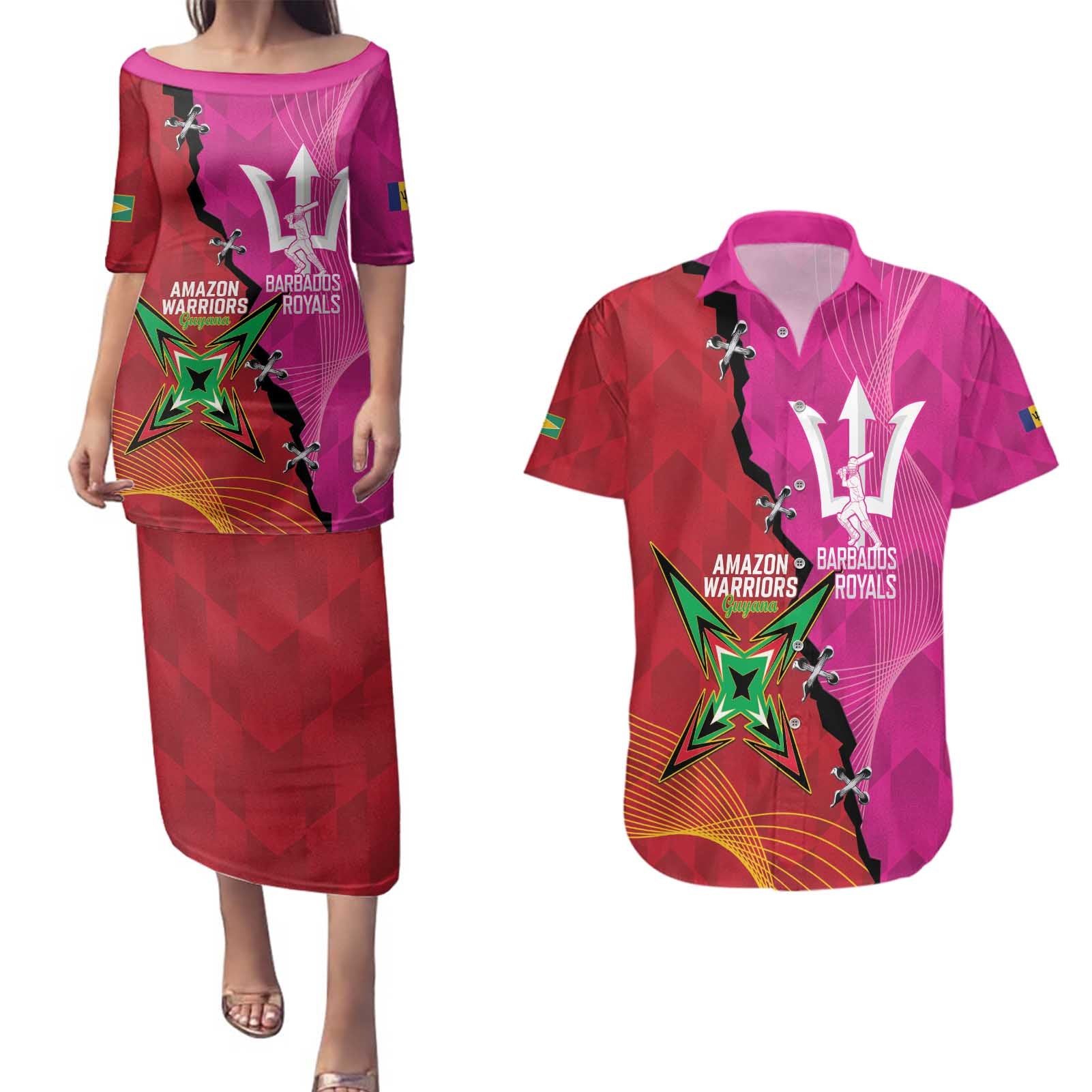 Barbados and Guyana Cricket Personalized Couples Matching Puletasi and Hawaiian Shirt Royals Amazon Warriors Together - Wonder Print Shop