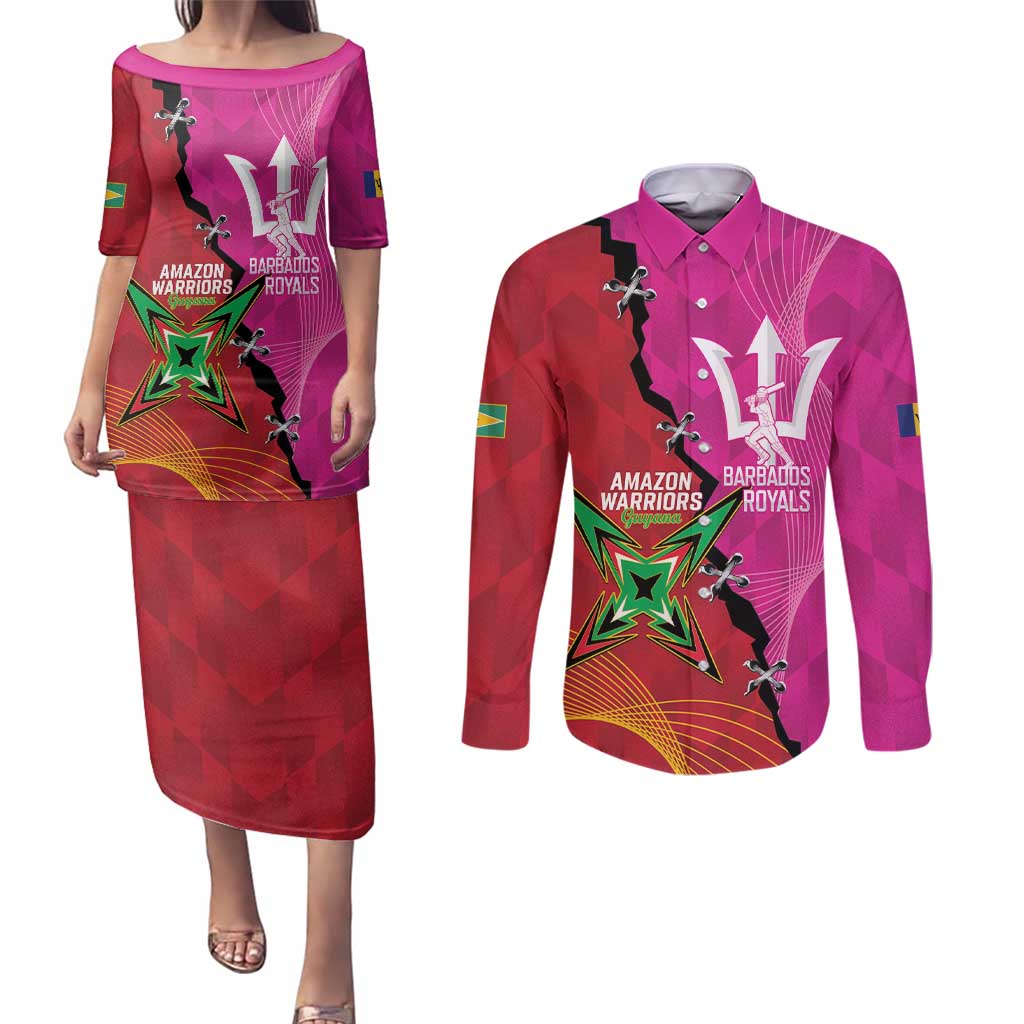 Barbados and Guyana Cricket Personalized Couples Matching Puletasi and Long Sleeve Button Shirt Royals Amazon Warriors Together - Wonder Print Shop