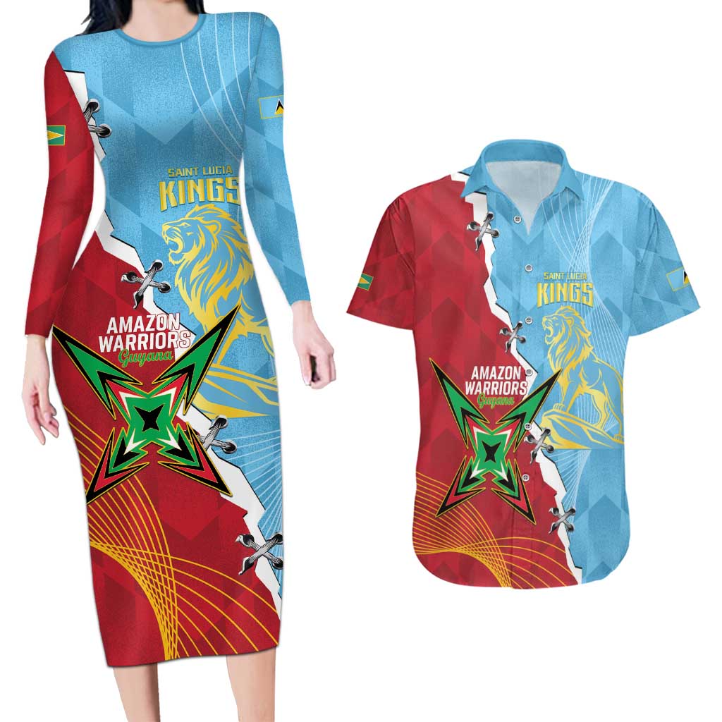 Saint Lucia and Guyana Cricket Personalized Couples Matching Long Sleeve Bodycon Dress and Hawaiian Shirt Kings Amazon Warriors Together - Wonder Print Shop