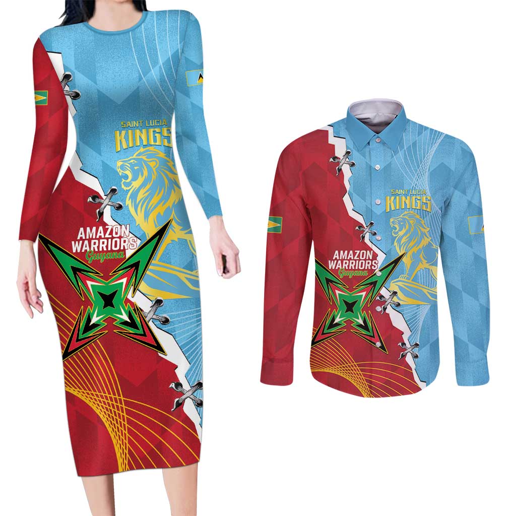 Saint Lucia and Guyana Cricket Personalized Couples Matching Long Sleeve Bodycon Dress and Long Sleeve Button Shirt Kings Amazon Warriors Together - Wonder Print Shop